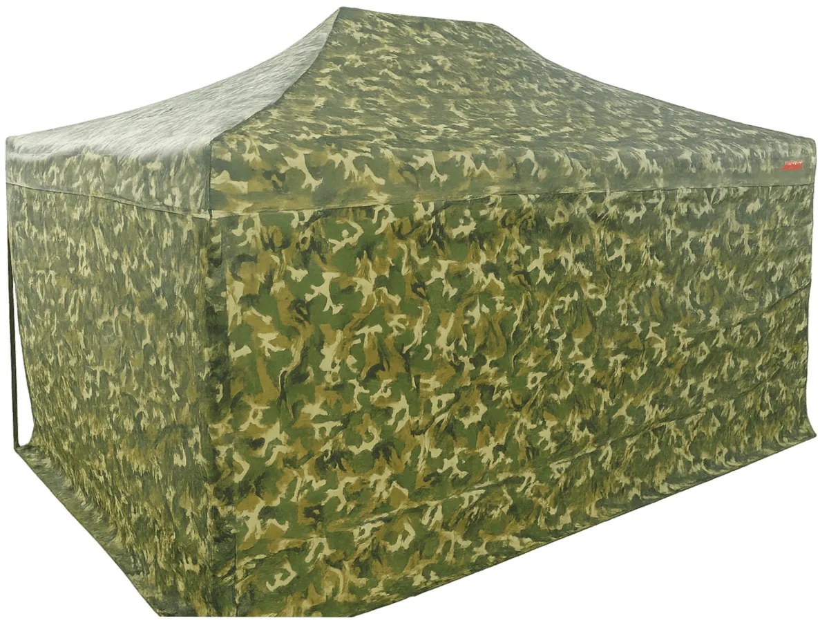 Rýchlorozkladací nožnicový stan 3x4,5m – hliníkový, 4 bočné plachty, Maskáčová