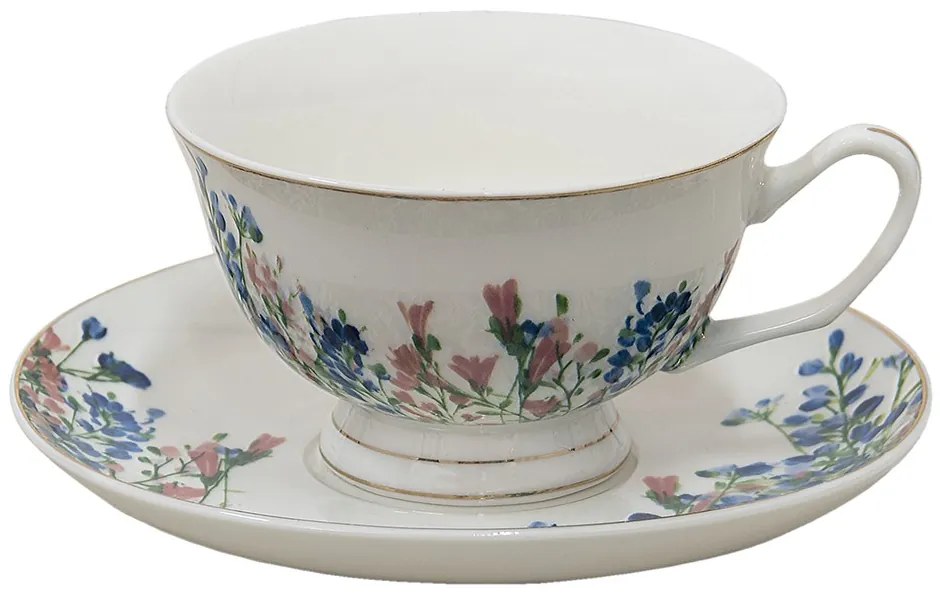 Porcelánová šálka s tanierikom a kvetmi - 12*10*6 cm / Ø 15*2 cm / 250 ml