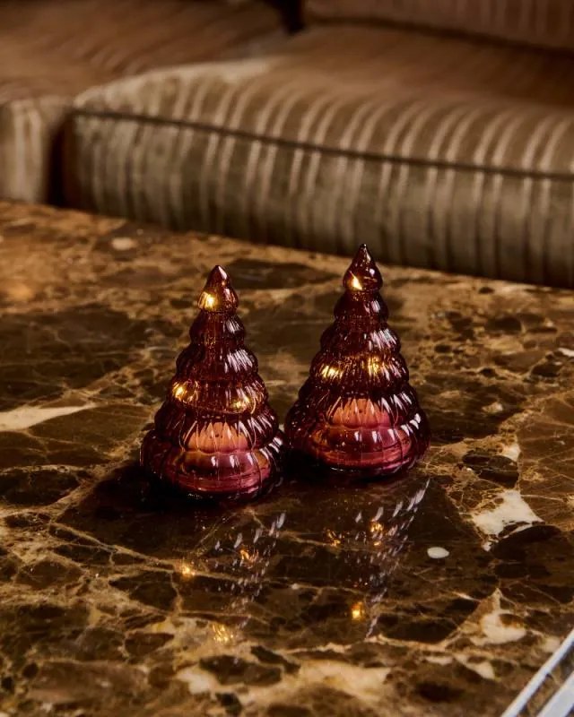 SIRIUS LED svetelný stromček, sklenený, sada 2 ks, bordová farba, 9 cm