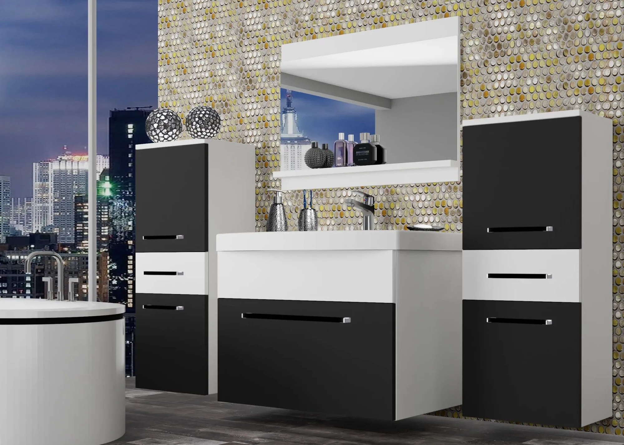 Kúpeľňový nábytok Belini čierny mat / biely mat + umývadlo + zrkadlo ROD M 4/0/W/BW/0/ZW