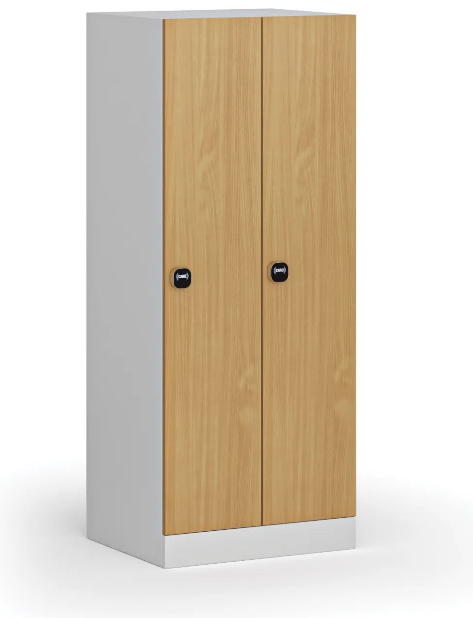 Šatníková skrinka S1 znížená, 2 oddiely, 1500 x 600 x 500 mm, demont, zámok s čítačkou RFID kariet, laminované dvere, buk