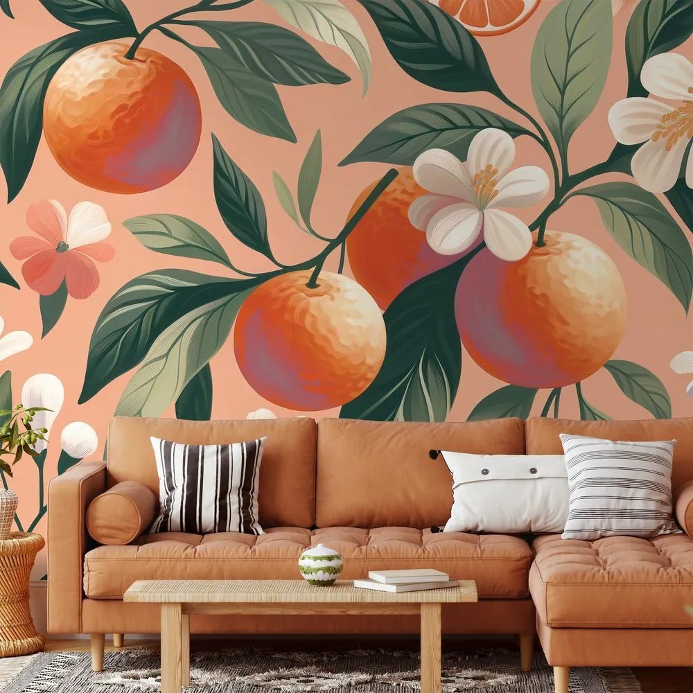 Tapeta pomaranče a kvety na marhuľovom pozadí