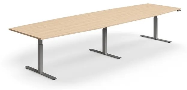 Výškovo nastaviteľný rokovací stôl QBUS, ovál, 4000x1200 mm, strieborný rám, dub