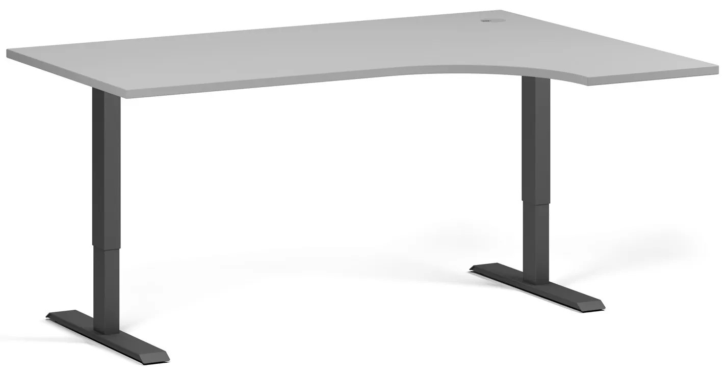 Rohový výškovo nastaviteľný stôl, 160x120 cm, 2 motory, L/P, čierna podnož, sivá