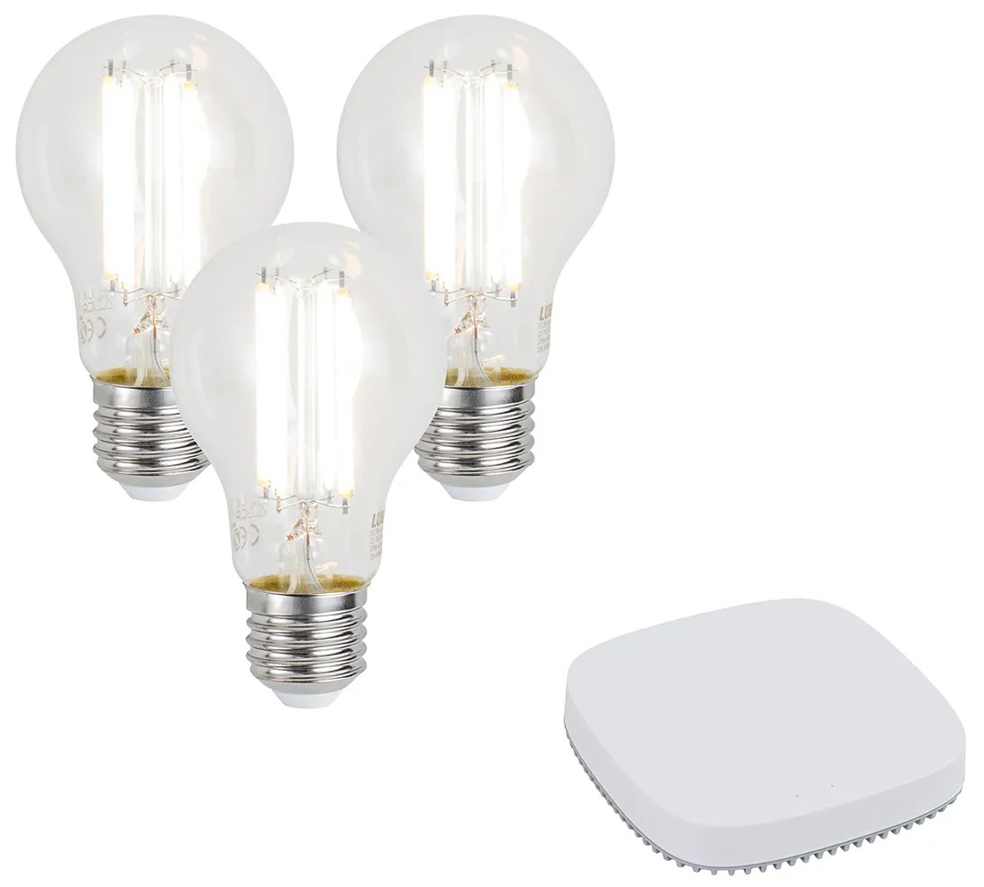 Sada 3 inteligentných stmievateľných LED žiaroviek E27 A60 7W 806LM 2700-6500K vrátane Zigbee Smart Hub