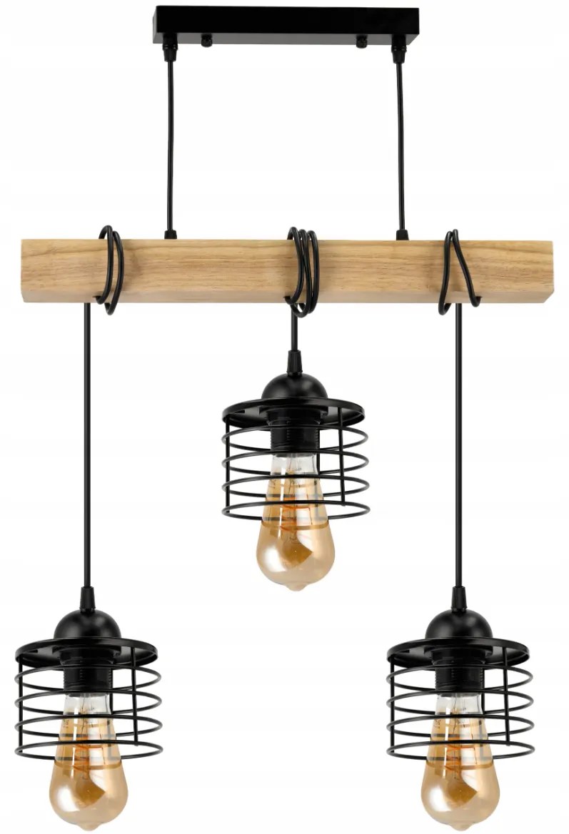 BERGE LED závesné stropné svietidlo, drevený trám, 3xE27, loft pružina