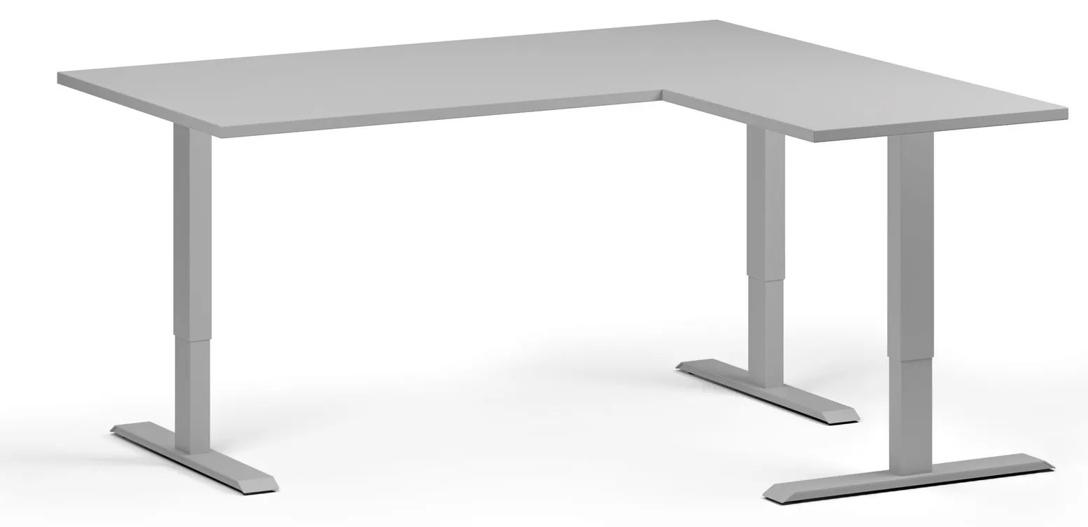 Výškovo nastaviteľný stôl, 160x140 cm, 3 motory, L/P, sivá podnož, sivá