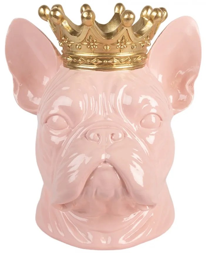 Ružová dekorácia francúzsky buldoček so zlatou korunkou - 19*16*20 cm
