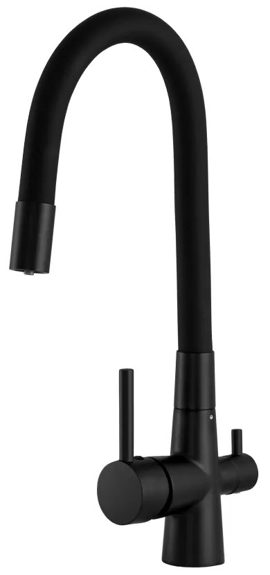 Gamma Flex, trojcestná drezová batéria s flexibilným ramenom s pripojením na filter vody, čierna matná, GMA-BFXF-BK