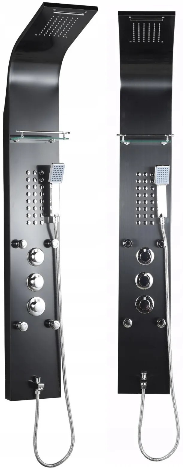 Sprchový rohový panel CASCADA 5v1 - s termostatom a výtokom do vane - čierny matný