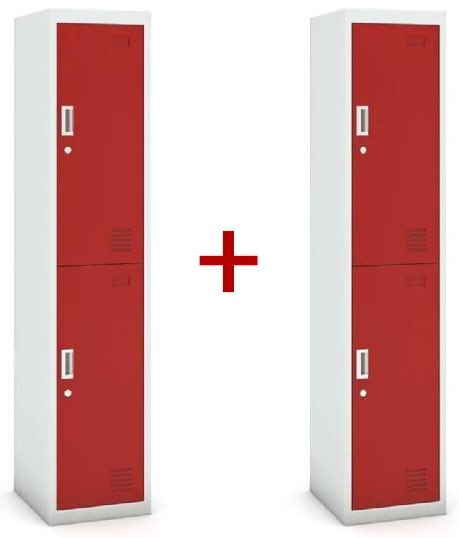 Šatníková skrinka dvojdverová 1+1 ZADARMO, demont, cylindrický zámok, sivá/červená