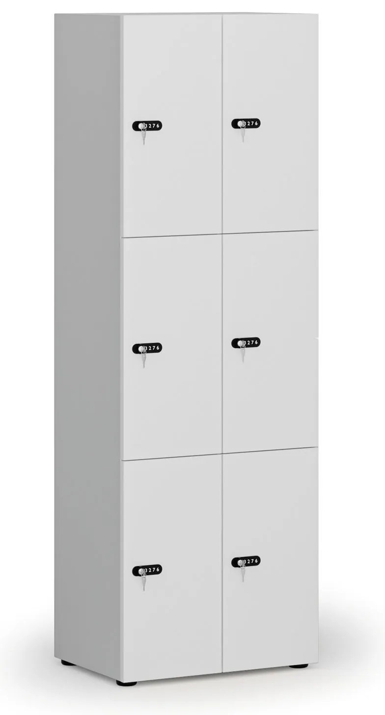 Drevená šatníková skrinka S4 s úložnými boxmi, 6 boxov, demont, mechanický kódový zámok, sivá/biela