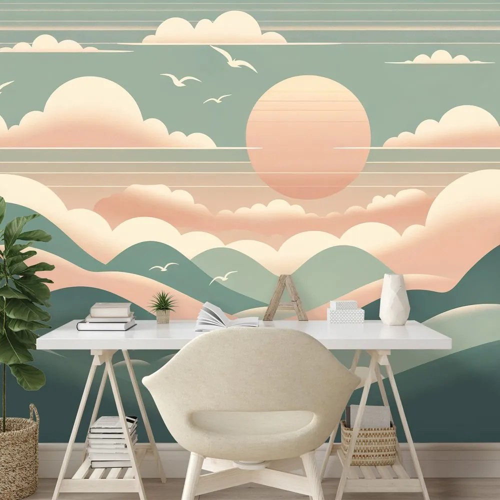 Samolepiaca tapeta pastelové hory s východom slnka