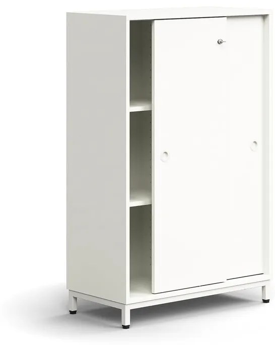 Skriňa s posuvnými dverami QBUS, 2 police, na nožičkách, s madlom, 1252x800x400 mm, biela