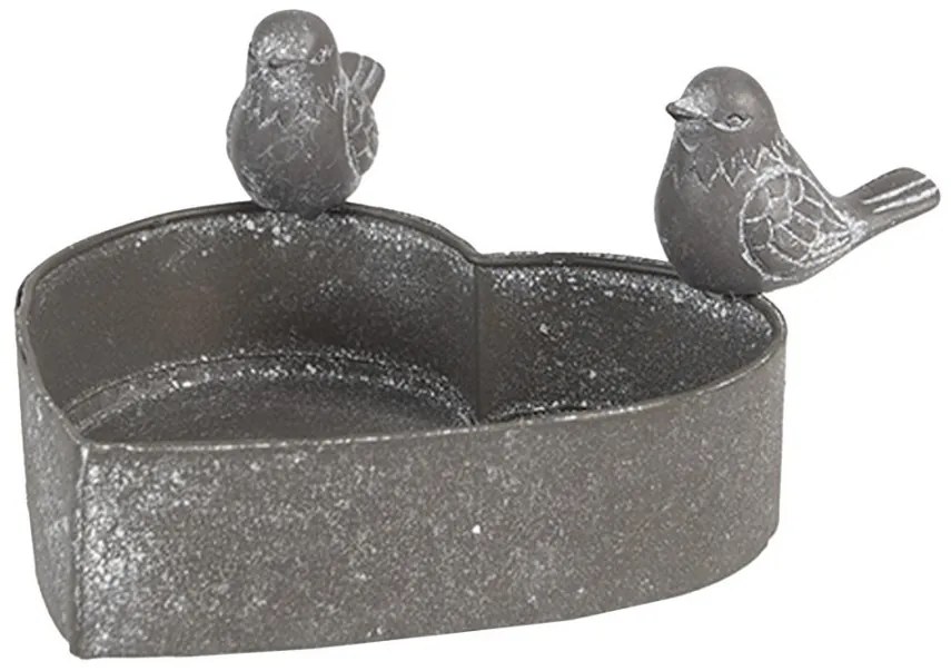 Šedý plechový kvetináč v tvare srdca s vtáčikmi - 14*12*7 cm