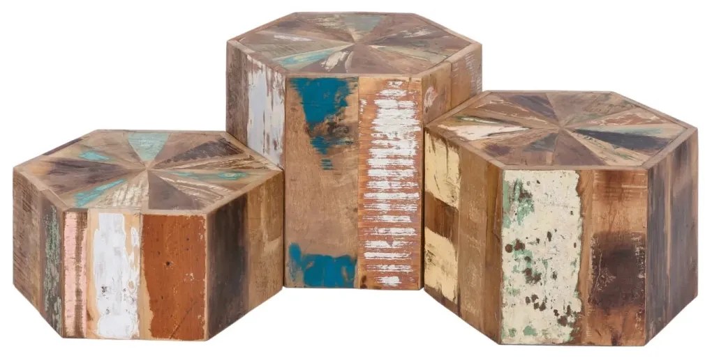 furniture-nabytek.cz - Sada 3 konferenčných stolíkov Wakefield z recyklovaného tvrdého dreva, lakovaných, viacfarebných, šesťuholníkových