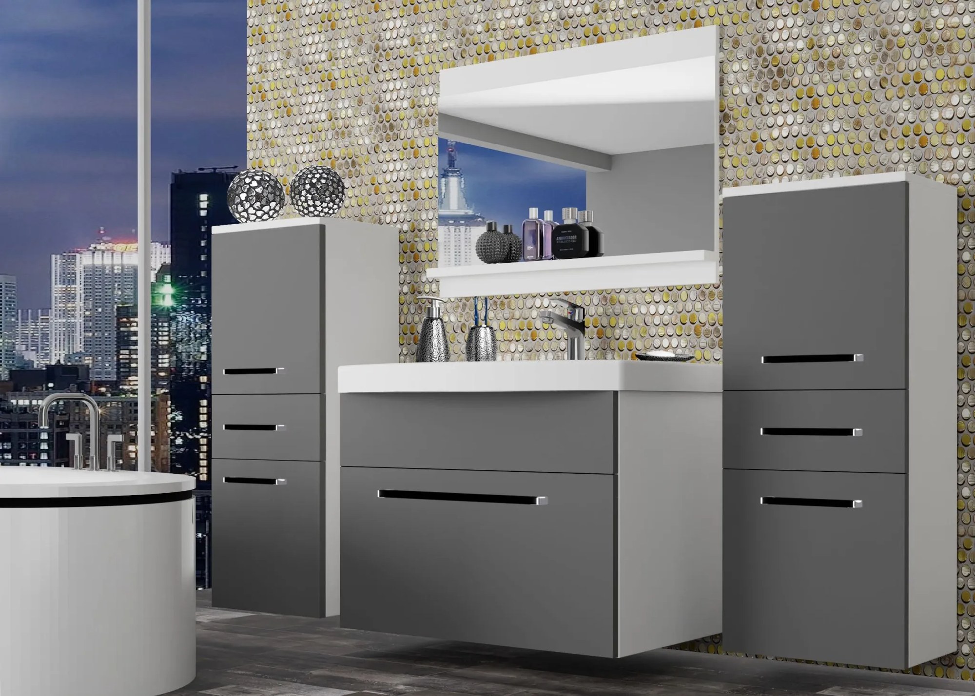 Kúpeľňový nábytok Belini šedý mat + umývadlo + zrkadlo ROD M 4/0/W/SR/0/ZW