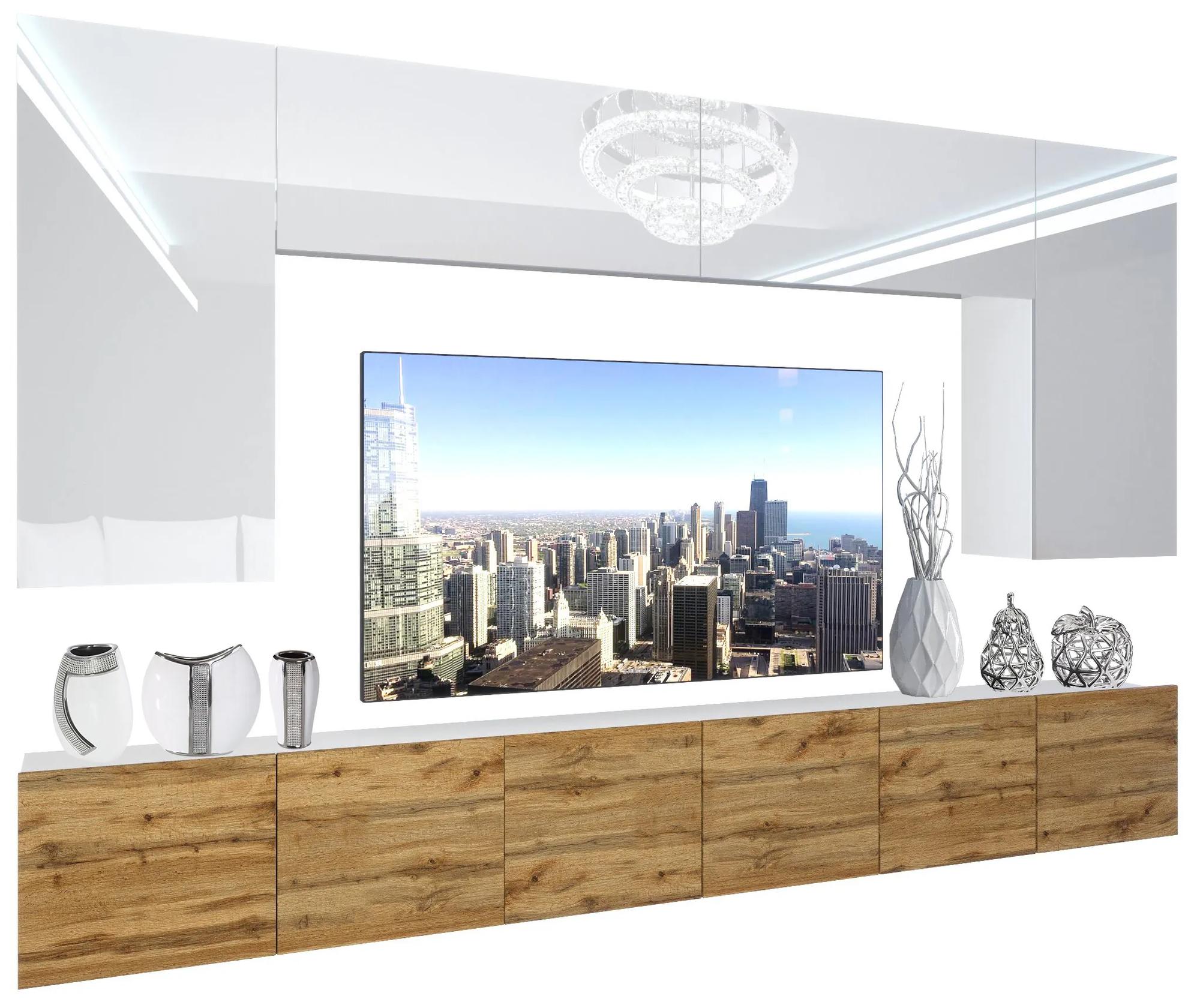 Obývacia stena Belini Premium Full Version biely lesk / dub wotan + LED osvetlenie Nexum 23