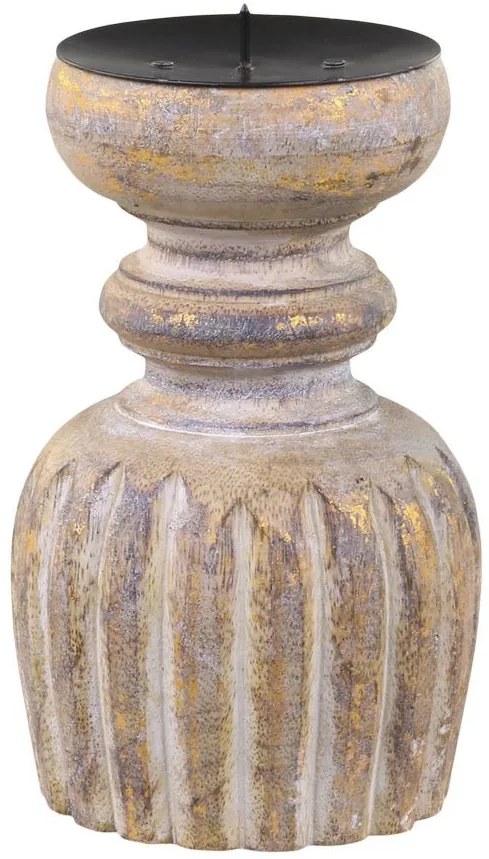 Zlato-prírodný antik drevený svietnik na stĺpovitú sviečku - Ø 9*15 cm