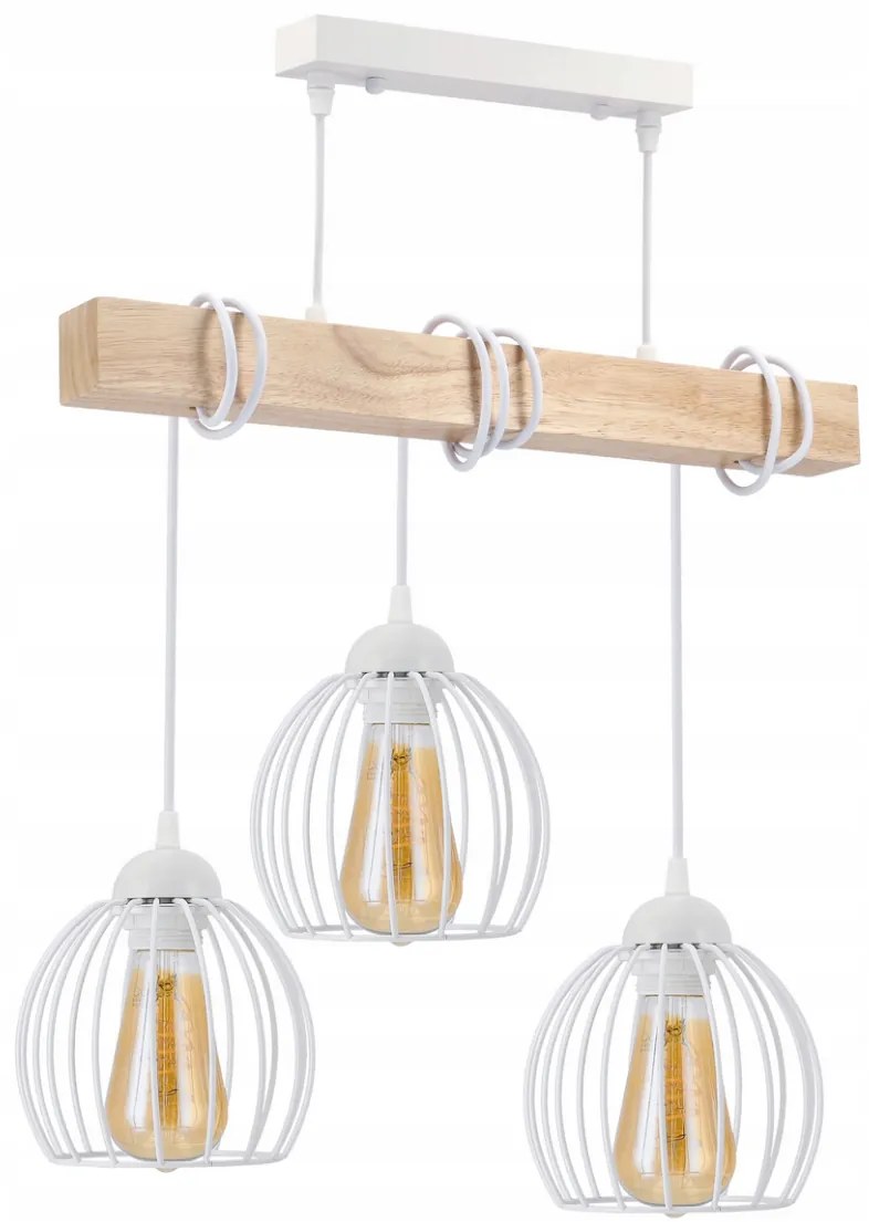 BERGE LED závesné stropné svietidlo, drevený trám, 3xE27, drôtená guľa - biela