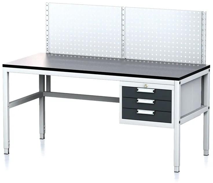 Alfa 3 Nastaviteľný dielenský stôl MECHANIC II s perfopanelom, 3 zásuvkový box na náradie, 1600x700x745-985 mm, sivá/antracit