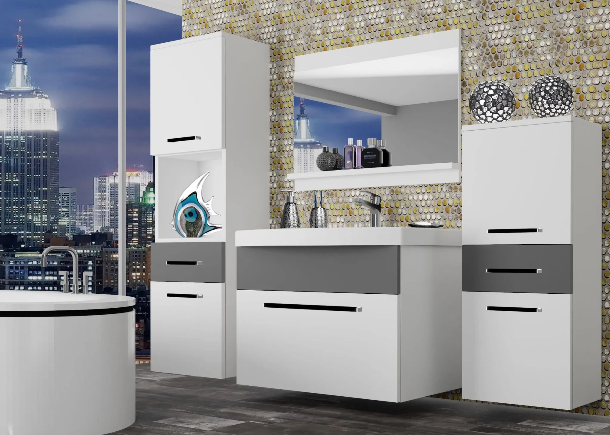 Kúpeľňový nábytok Belini biely mat / šedý mat + umývadlo + zrkadlo ROD M 5/0/W/WSR/0/ZW