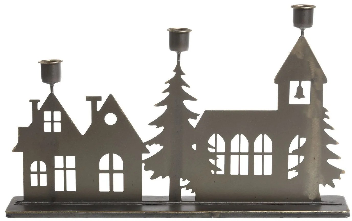 Mosadzný antik kovový svietnik na úzke sviečky s domčekmi Canie - 40*7*24 cm