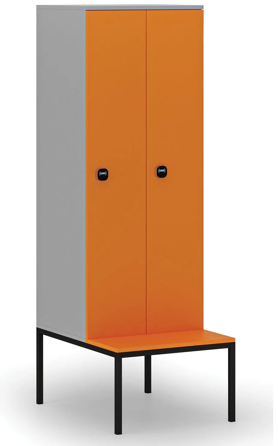 Drevená šatníková skrinka s lavičkou, 2 oddiely, 1871 x 600 x 500/800 mm, demont, RFID zámok, sivá / oranžová