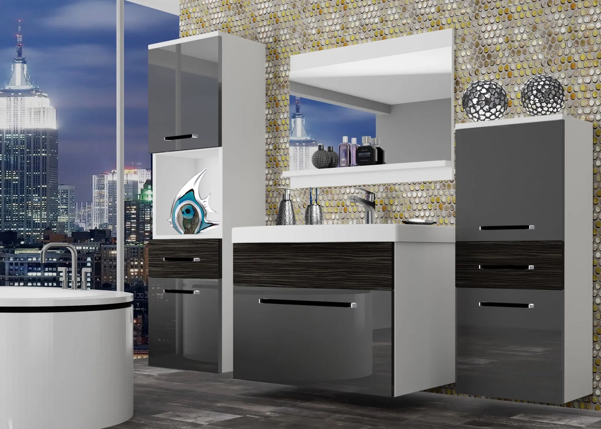 Kúpeľňový nábytok Belini šedý lesk / eben kráľovský + umývadlo + zrkadlo ROD PM 5/0/W/SHK/0/ZW