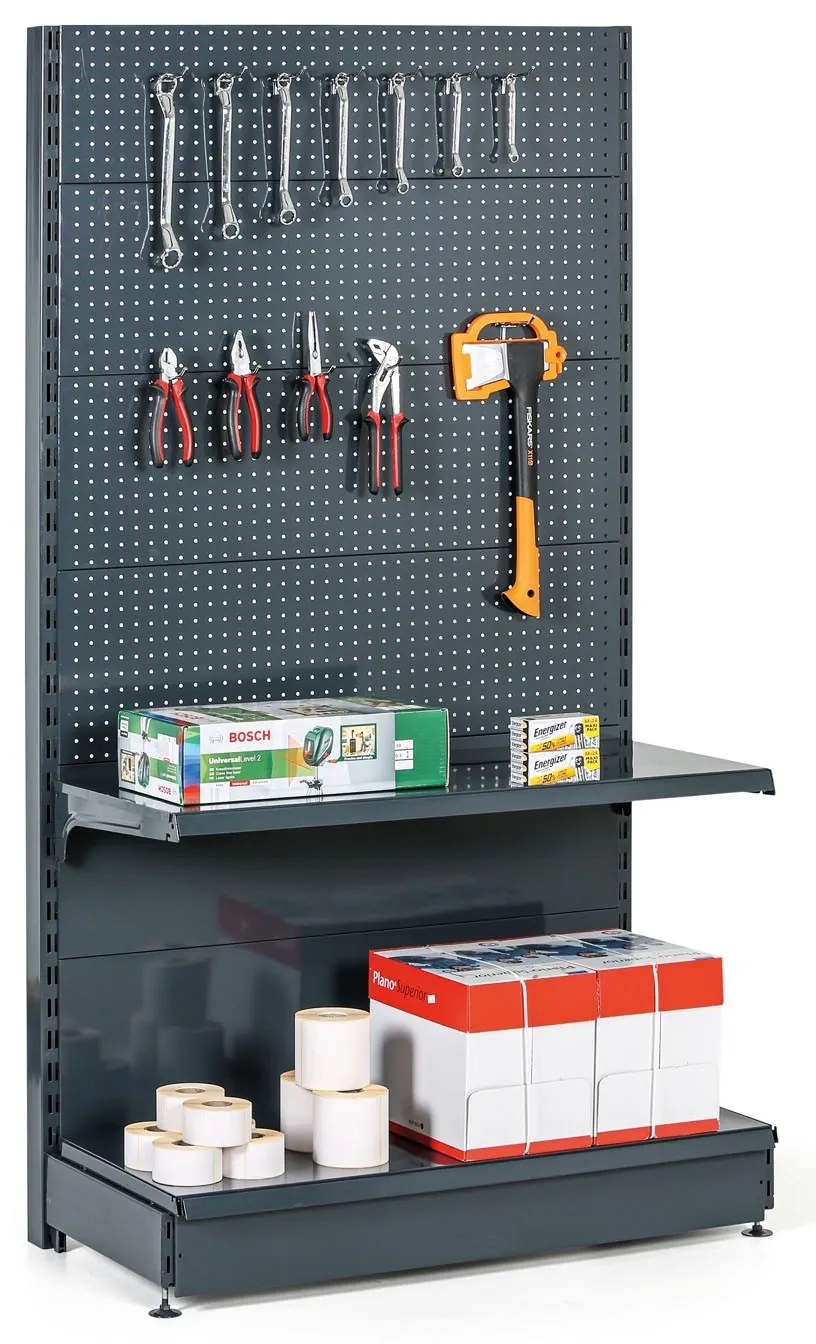 Predajný regál jednostranný, perfo steny, 1900 x 1000 x 450 mm, prídavný, antracit