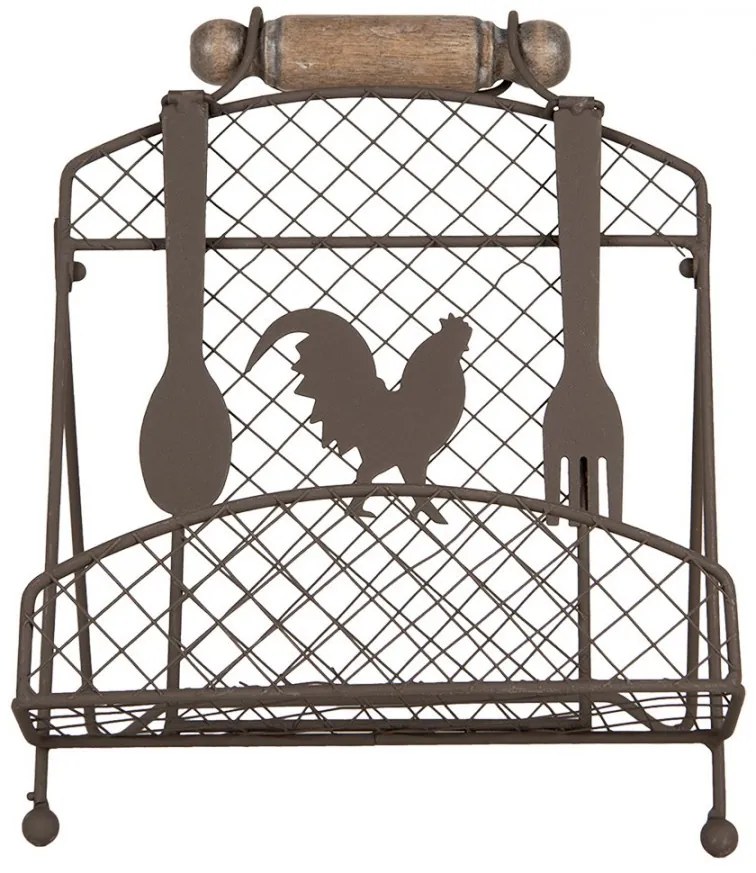 Hnedý drôtený stojan na kuchárku s kohútom - 23*21*31 cm