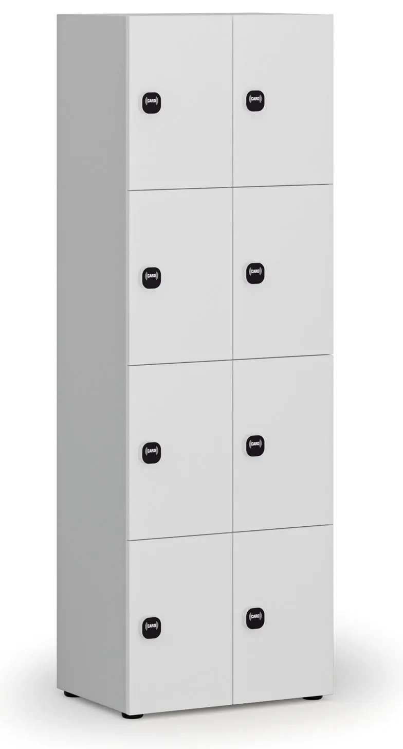 Drevená šatníková skrinka s úložnými boxmi, 8 boxov, RFID zámok, sivá/biela