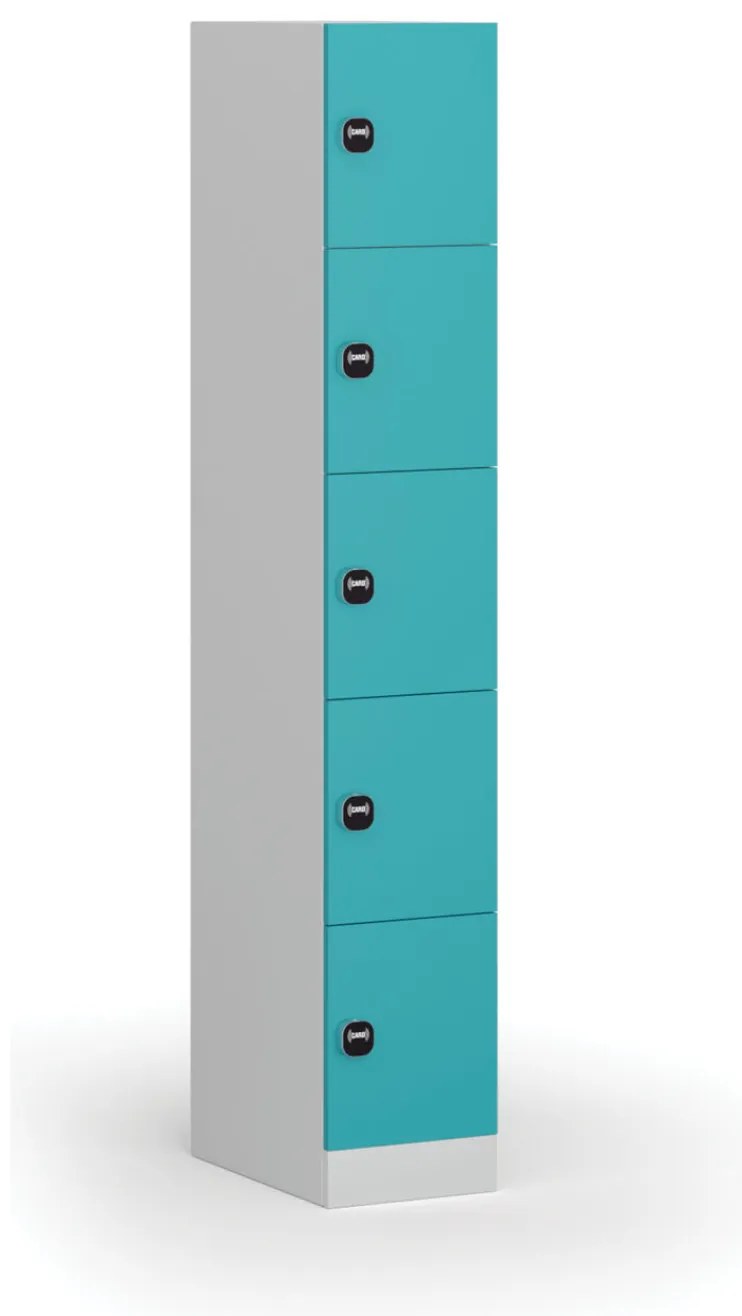 Šatníková skrinka s úložnými boxmi, 5 boxov, 1850 x 300 x 500 mm, demont, zámok s čítačkou RFID kariet, zelené dvere