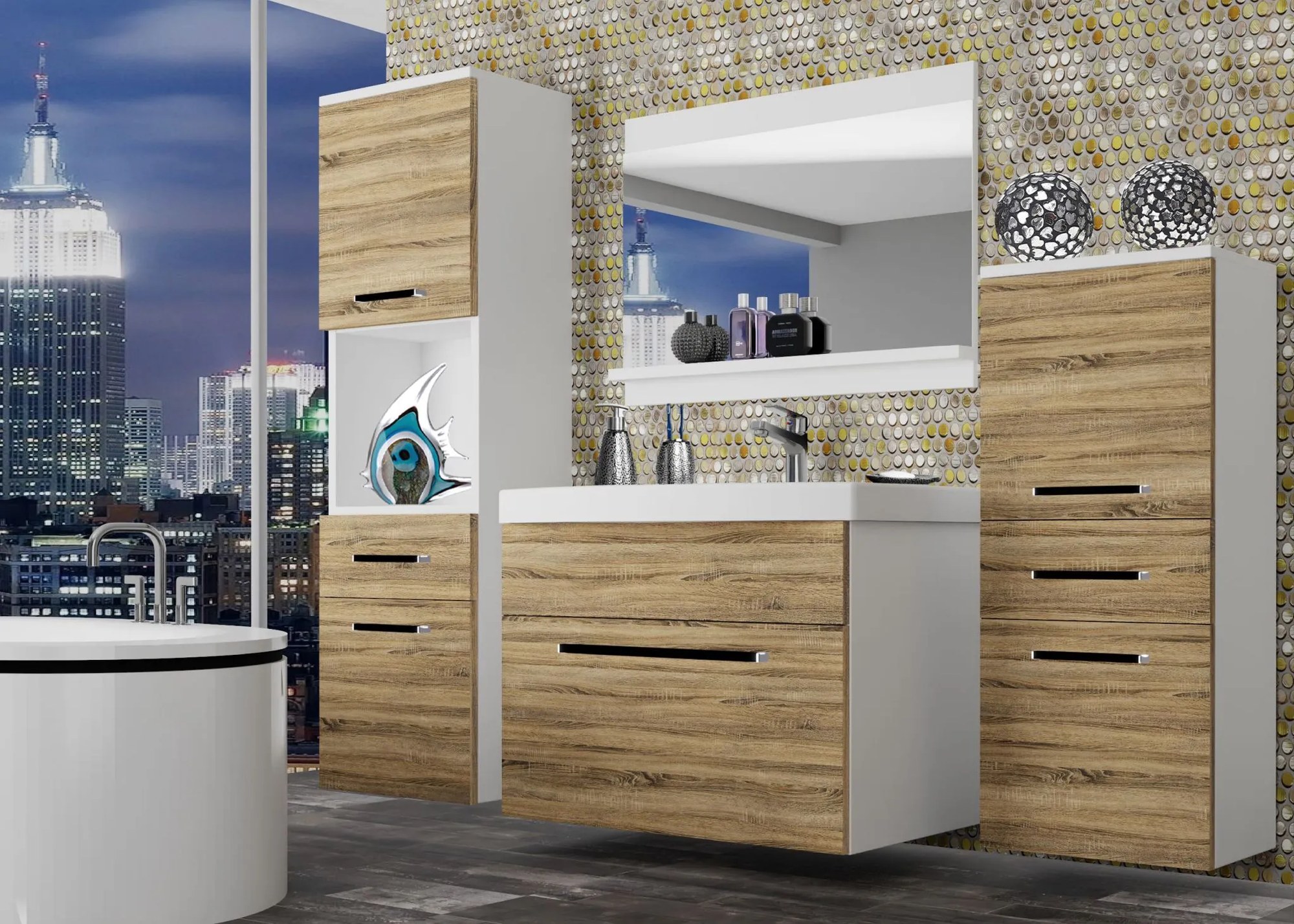 Kúpeľňový nábytok Belini dub sonoma + umývadlo + zrkadlo ROD M 5/0/W/DS/0/ZW