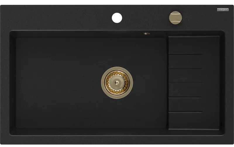 Mexen Omar, 1-komorový granitový drez 800x480x210 mm, čierna, zlatý sifón, 6520801005-77-G