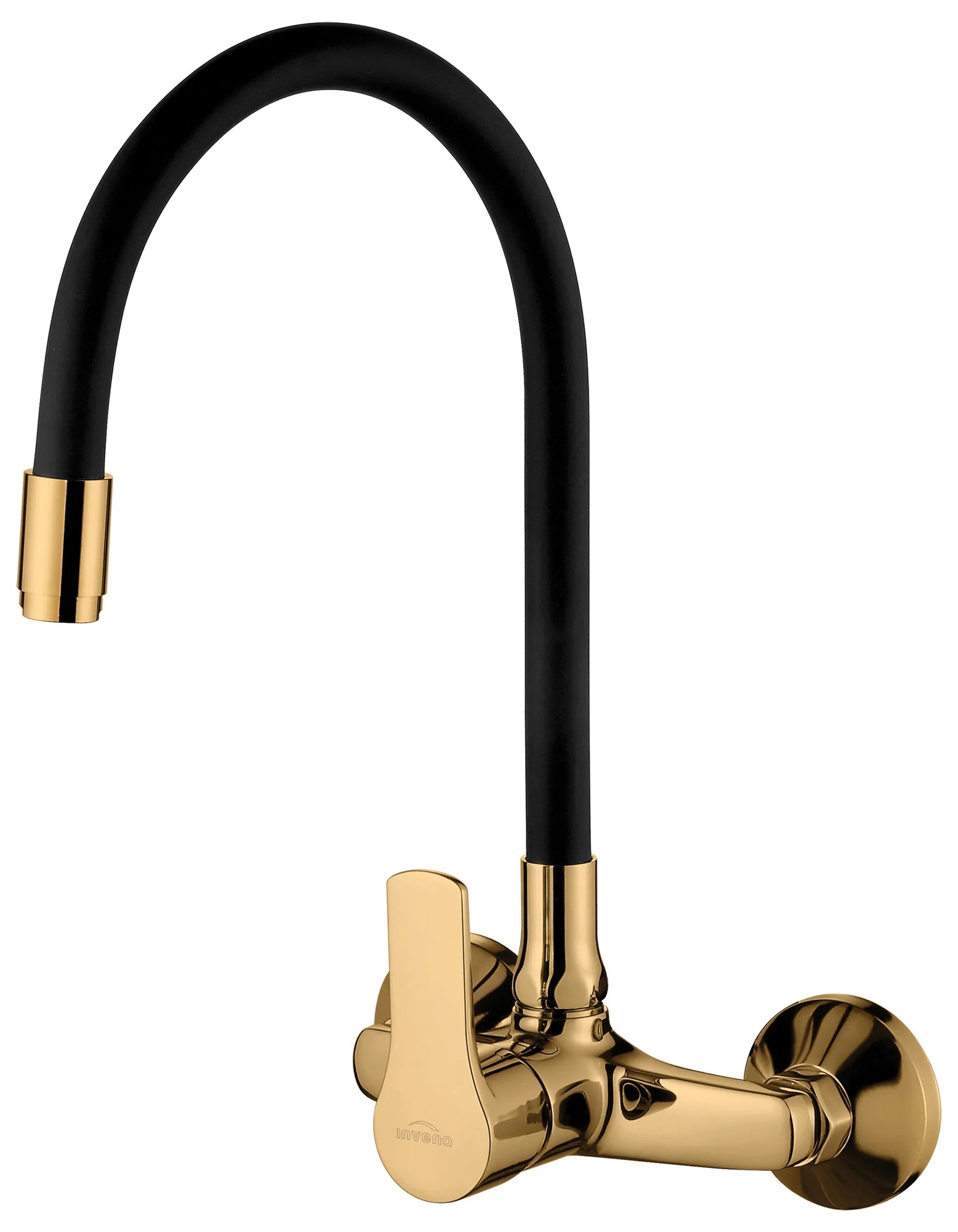 Invena Verso, nástenná kuchynská batéria 150mm s elastickým ramenom, čierna matná-zlatá lesklá, INV-BC-82-E49-L