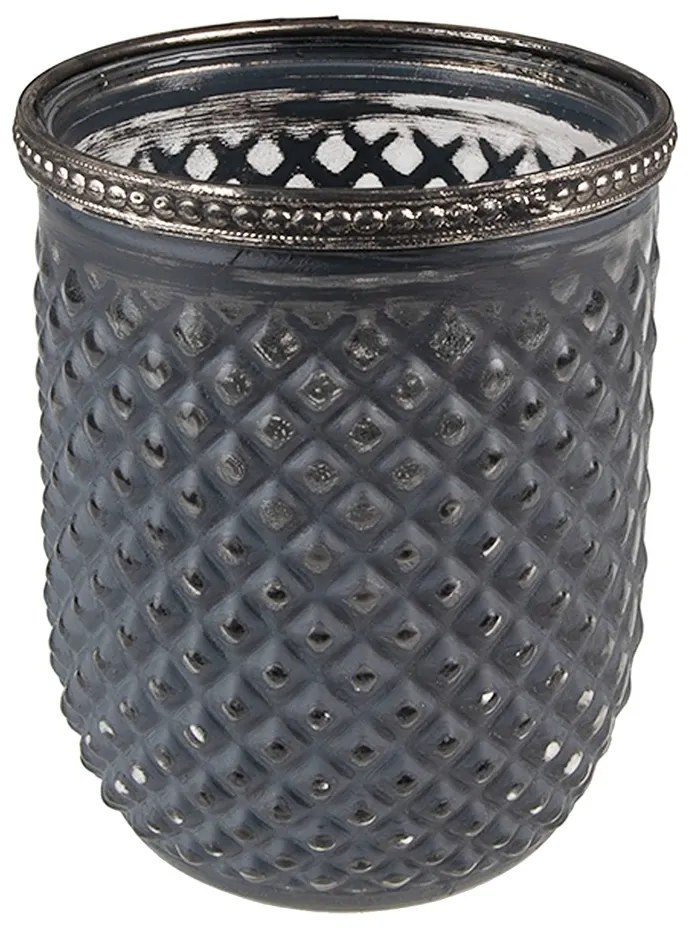 Šedý sklenený svietnik na čajovú sviečku so ozdobným lemom - Ø 9*11 cm