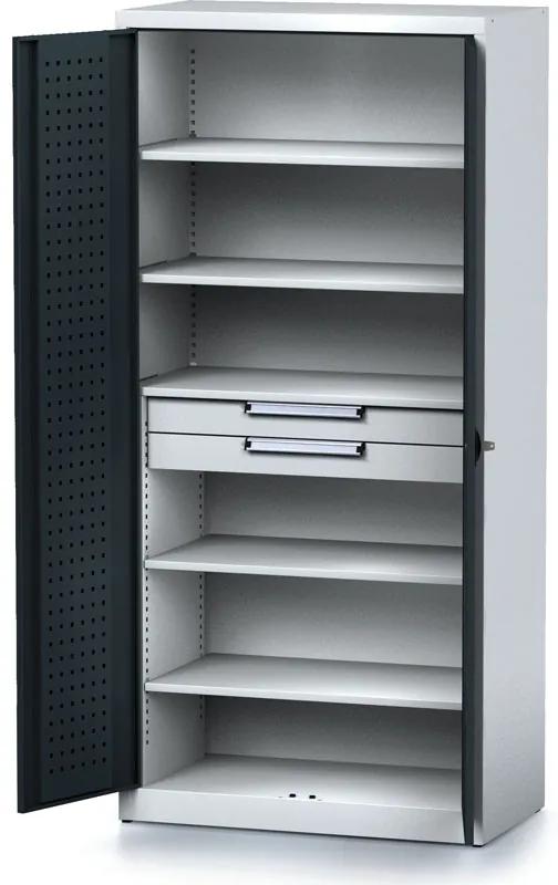 Alfa 3 Policová dielenská skriňa 2-dverová MECHANIC, 5 políc, 2 zásuvky, 920 x 500 x 1950 mm, antracitové dvere