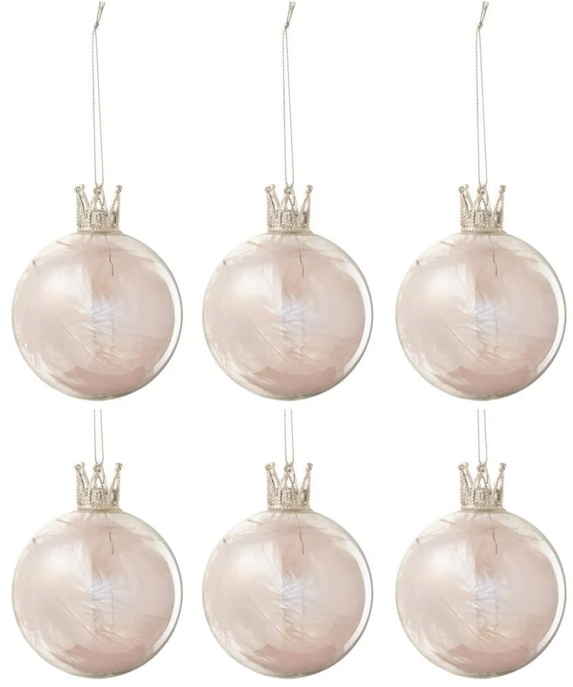 6ks dúhová vianočná sklenená ozdoba s korunkou a pierkami - Ø 8 cm