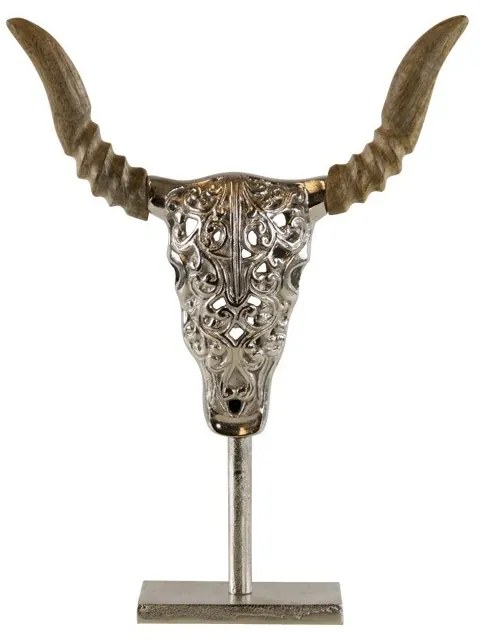 Lebka býka na podstavci s drevenými rohmi - 27 * 6 * 34cm