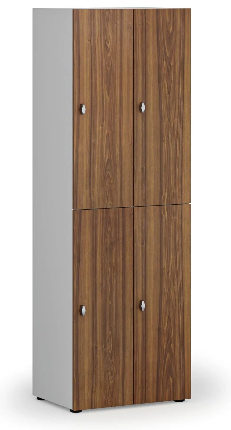 Drevená šatníková skrinka S4 s úložnými boxmi, 4 boxy, demont, otočný zámok, sivá/orech