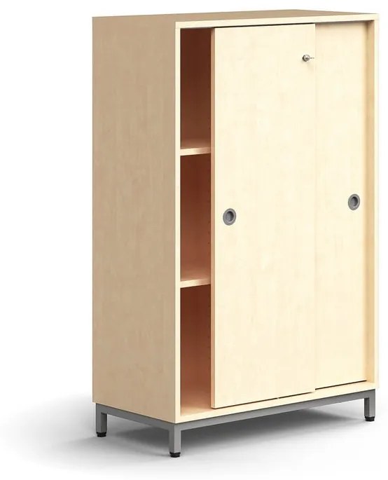 Skriňa s posuvnými dverami QBUS, 2 police, na nožičkách, s madlom, 1252x800x400 mm, strieborná, brez