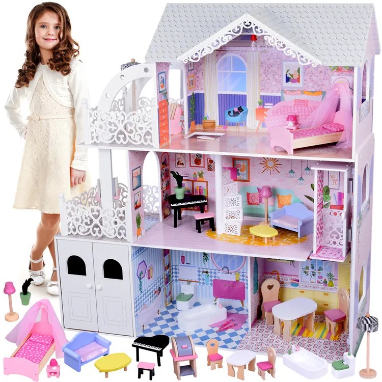Veľký drevený domček pre bábiky s výťahom, garážou, balkónom a nábytkom – ZA5388