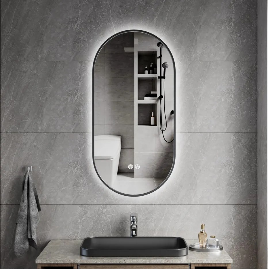 Erga Freya, oválne LED zrkadlo 40x80cm v čiernom kovovom ráme, 3 farby svetla, zadné osvetlenie, vyhrievacia podložka proti zapareniu, ERG-V01-FREYA-4080-BK