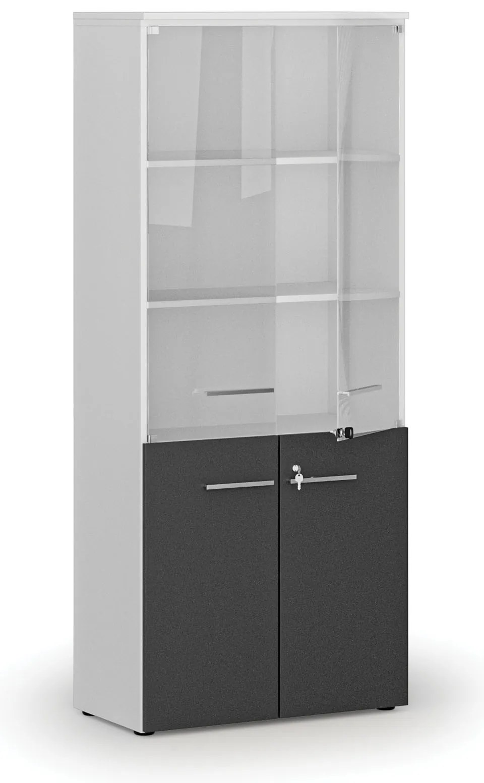 Kombinovaná kancelárska skriňa PRIMO WHITE s drevenými a sklenenými dverami, 800 x 420 x 1781 mm, biela/grafit