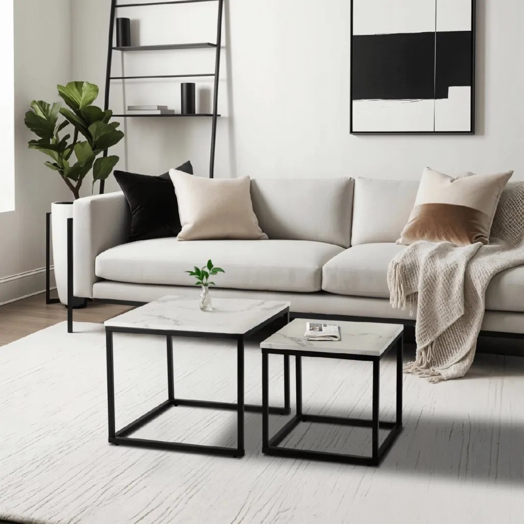 PROXIMA.store - Loftový set konferenčných stolíkov TEVET FARBA: biely mramor, FARBA NÔH: čierna