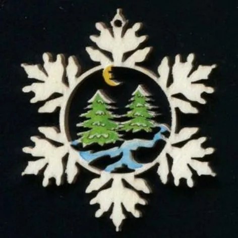 AMADEA Drevená ozdoba farebná vločka so stromami 6 cm