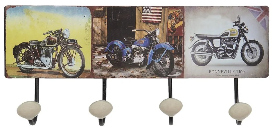 Nástenný kovový vešiak so 4-mi háčikmi Retro Moto - 40*7*18 cm