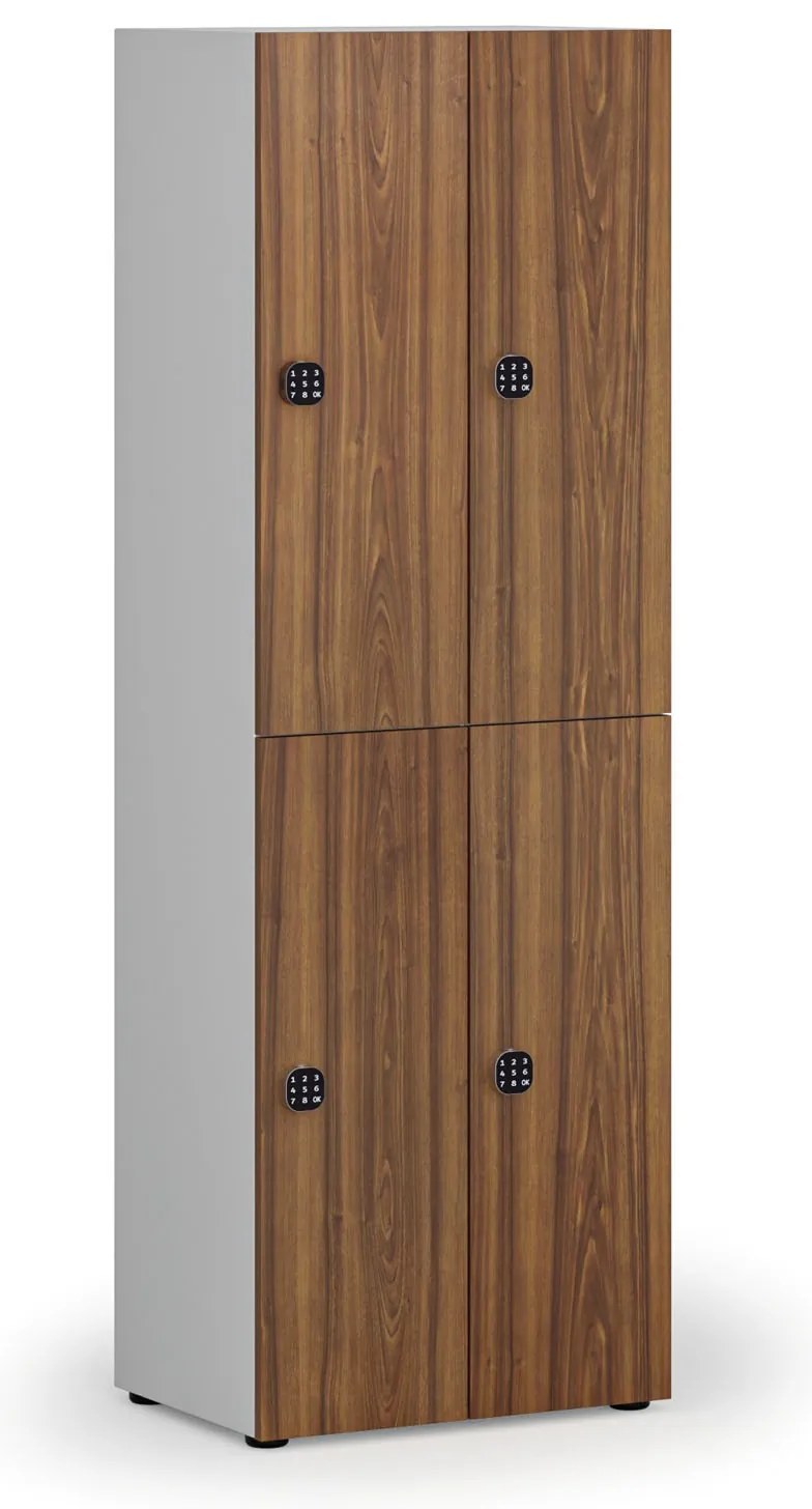 Drevená šatníková skrinka s úložnými boxmi, 4 boxy, demont, kódový zámok, sivá/orech