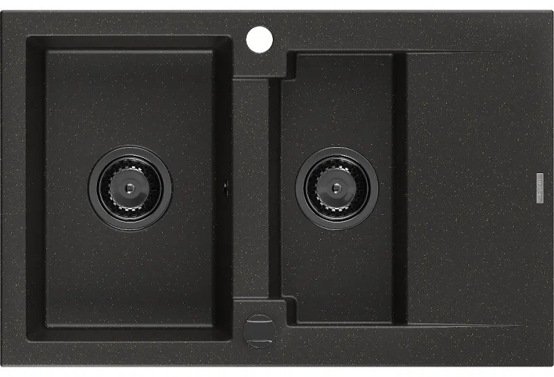 Mexen Gaspar, granitový drez 737x475x177 mm, 1,5-komorový, čierna-zlatá metalíza s čiernym sifónom, 6507731505-75-B